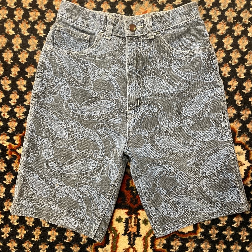 Gray Paisley Denim Shorts